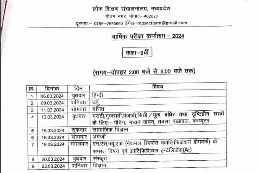 MP Board Class 9th 11th Time Table